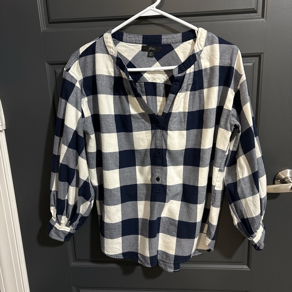 J.Crew Navy and White Plaid Blouse